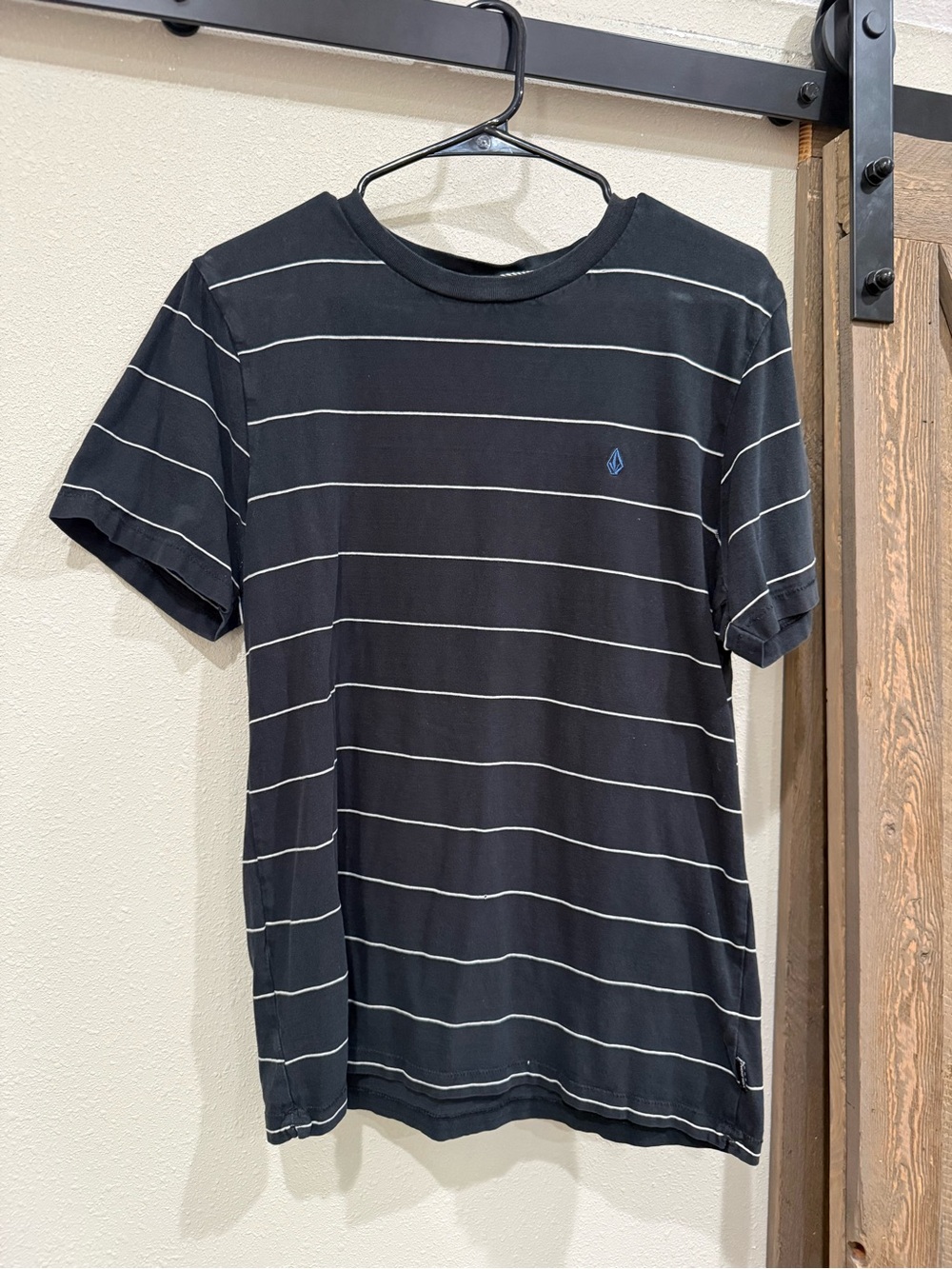 Volcom Black Striped Crew Tee with Blue Logo